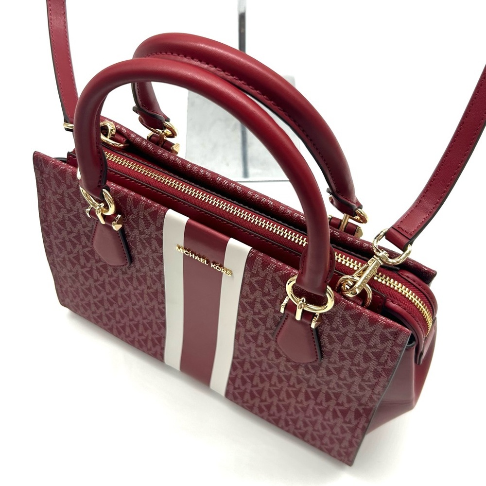 Michael Kors Marilyn Medium Signature Logo Stripe Satchel Bag Cherry - Picture 6 of 10